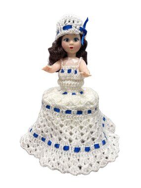 Handmade Crochet Toilet Tissue Doll Cover White & Blue Dress And Hat Set (DOLL N